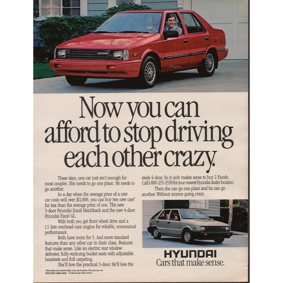 Hyundai Excel Hatchback Sedan Vintage Automobile Advertisement Print Ad 1986